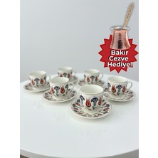 Airobazar 6 Kişilik Kahve Fincanı Takımı – Bakır Cezve Hediyeli Çini Desenli Porselen Fincan & Tabak Seti