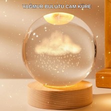 Aspata Store Buğz 8 cm 3D Yağmur Bulutu Kristal Küre LED Gece Lambası Ahşap Standlı Tasarım Lamba