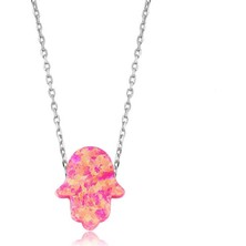Fm Butik Gümüş Pembe Opal Fatma Eli Kolye