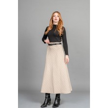 MissVina Premium Çizgili Kaşe Etek – Kemer Detaylı, Düz Bel, Modern Kesim 6853