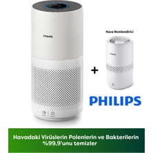 Philips 98 M2 Etki Güçlü Wi-Fi Bağlantılı Hava Temizleyici Sigara Dumanı ve Kötü Kokuları Hızla Süzen Aktif Karbon Filtreli Cihaz AC2939+HAVA Nemlendirici HU2510