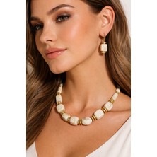 Solare Accessories Kemik ve Lav Taşı Detaylı Altın Kaplama Ara Parçalı Doğal Taş Kolye & Küpe Seti