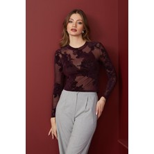 FullaModa Beli Drapeli Çiçek Desenli Transparan Bluz