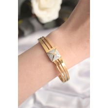 316L Çelik Zirkon Taşlı Gold Renk Kadın Kelepçe Bilezik EB-53-VICE/(1395) 2566