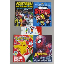 Ada Çanta Kırtasiye 4 Adet Stickerli Boyama Kitabı ve 12'li Kuru Boya Kalemi (Futbol/brawlstars/örümcek/pocemon) AD20510