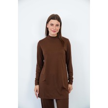 Penye Bizden Viskon Dik Yaka Tunik-Kahverengi