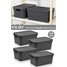 Meleni Home 4 Adet Kapaklı Dekoratif Piramit Saklama Kutusu - Dolap Düzenleyici Organizer 10,8 Litre Antrasit