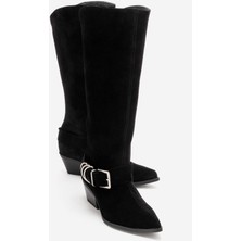 Luvi Helıos Siyah Süet Hakiki Deri Tokalı Kadın Western Çizme