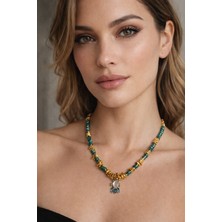 Solare Accessories Altın Kaplama Hematit Detaylı Yeşil Doğaltaş Kolye