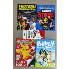 Ada Çanta Kırtasiye 4 Adet Stickerli Boyama Kitabı ve 12'li Kuru Boya Kalemi (Futbol/brawlstars/bluey/pocemon) AD20503