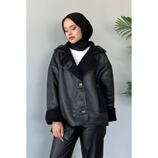 Prifaldi Zr Kadın Içi Kürklü Oversize Siyah Süet Deri Mont