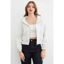 FullaModa Basic Fermuarlı Kapüşonlu Crop Sweatshirt