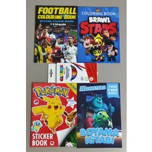 Ada Çanta Kırtasiye 4 Adet Stickerli Boyama Kitabı ve 12'li Kuru Boya Kalemi (Futbol/brawlstars/monster/pocemon) AD20504