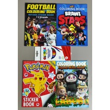 Ada Çanta Kırtasiye 4 Adet Stickerli Boyama Kitabı ve 12'li Kuru Boya Kalemi (Futbol/brawlstars/labubu/pocemon) AD20511