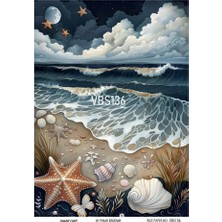 Baykuşca Lacivert Serisi VBS136 Dolunay, Deniz Yıldızları, Deniz Desenli 30*42 cm Pirinç Dekopaj