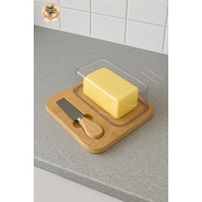 Hane216 Doğal Bambu Bıçaklı Peynir ve Tereyağ Servis Sunum Tabağı Plastik Kapaklı Set 3 Parça 18X18 cm