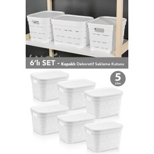 Meleni Home 6'lı Kapaklı Delikli Dekoratif Piramit Saklama Kutusu - Dolap Düzenleyici Organizer Kutu 5 Lt Beyaz