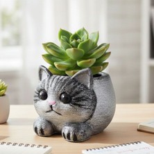 Uretti - Hülya 6683 8498 El Yapımı Gümüş Polyester Mini Kedi Figürlü Dekoratif Saksı - 8 cm