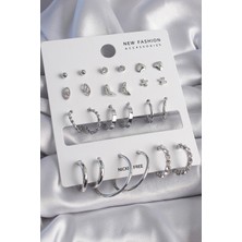 Pirinç Gümüş Renk 12 Çift Kadın Küpe Seti EB-53-VICE/(1395) 3484