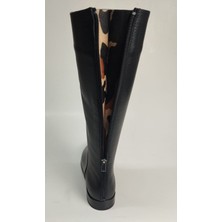 Lucciola Kadın Hakiki Deri Arkadan Fermuarlı Leopar Detaylı Siyah Floter Çizme