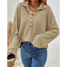 Melen Moda Kadın Uzun Kollu Yakalı Düğmeli Salaş Waffle Bluz