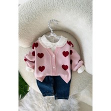 Miniğimin Cicileri Kalpli Triko Hırkalı Pamuklu Kız Bebek 3 Lü Takım - Pembe