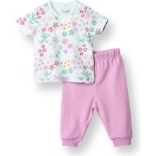 Hellobaby Hellobaby Kız Bebek Tshirt-Patiksiz Alt Çiçek Baskılı Çıtçıtlı Bisiklet Yaka Uzun Paça Kısa Kol