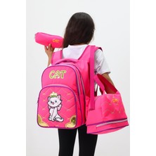 Neşeli Home Kız Çocuk Cat Temalı 3'li Okul ve Beslenme Çantası Seti – Pembe & Sevimli Kedi Desenli Yeni Sezon