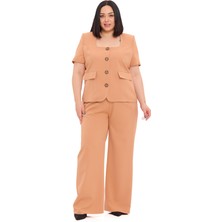 Disentis Modest Büyük Beden Kısa Kollu U Yaka Vizon Ceket Pantolon Ikili Takım