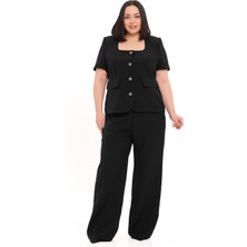 Disentis Modest Büyük Beden Kısa Kollu U Yaka Siyah Ceket Pantolon Ikili Takım