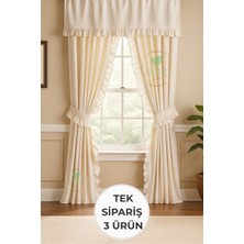 Fırfırlı Keten Perde Takımı – 3’lü Set, Rustik & Korniş Uyumlu