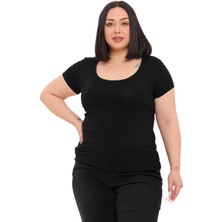 Disentis Modest Büyük Beden U Yaka Kısa Kollu Viskon Siyah Body