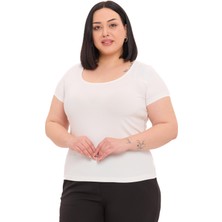 Disentis Modest Büyük Beden U Yaka Kısa Kollu Viskon Ekru Body