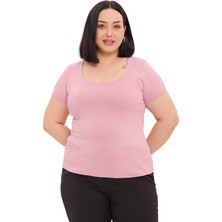 Disentis Modest Büyük Beden U Yaka Kısa Kollu Viskon Pembe Body