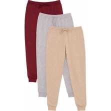 Tudors Erkek 3'lü Paket Bej-Gri-Bordo Regular Fit Beli Bağcıklı Jogger Cepli Lastikli Paça Eşofman Altı