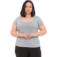 Disentis Modest Büyük Beden U Yaka Kısa Kollu Viskon Açık Gri Body