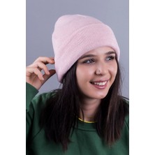 Quatex Pembe Unisex Katlamalı Triko Düz Bere Kış Sezonu İçin Kadın Kullanıma Uygun