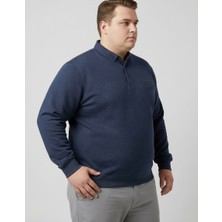 Balkonda Erkek Sweatshirt Kazak Polo Yaka Düğmeli Selanik Dokuma Battal Boy Büyük Beden Koyu Mavi