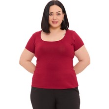 Disentis Modest Büyük Beden U Yaka Kısa Kollu Viskon Bordo Body