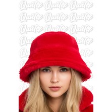 Quatex Peluş Kışlık Bucket Şapka - Kırmızı %100 Peluş Kumaş Unisex Model