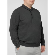 Balkonda Erkek Sweatshirt Kazak Polo Yaka Düğmeli Selanik Dokuma Battal Boy Büyük Beden Antrasit