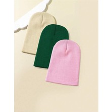 Quatex Krem Pembe Yeşil Üçlü Set Unisex Katlamalı Triko Düz Bere