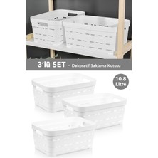 Meleni Home 3'lü Delikli Dekoratif Piramit Saklama Kutusu - Dolap Içi Düzenleyici Organizer Kutu 10,8 Lt Beyaz