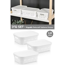 Meleni Home 3'lü Kapaklı Delikli Dekoratif Piramit Saklama Kutusu - Dolap Içi Düzenleyici Organizer 2,8 Lt Beyaz