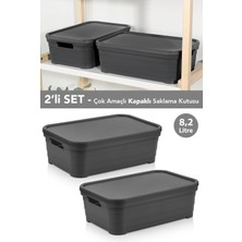 Meleni Home 2 Adet Kapaklı Dekoratif Piramit Saklama Kutusu - Dolap Düzenleyici Organizer 8,2 Litre Antrasit