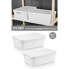 Meleni Home 2 Adet Kapaklı Dekoratif Piramit Saklama Kutusu - Dolap Düzenleyici Organizer Kutu 8,2 Litre Beyaz