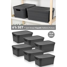 Meleni Home 6 Adet Kapaklı Dekoratif Piramit Saklama Kutusu - Dolap Düzenleyici Organizer 10,8 Litre Antrasit