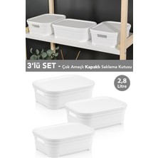 Meleni Home 3 Adet Kapaklı Dekoratif Piramit Saklama Kutusu - Dolap Düzenleyici Organizer Kutu 2,8 Litre Beyaz