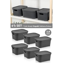 Meleni Home 6 Adet Kapaklı Dekoratif Piramit Saklama Kutusu - Dolap Düzenleyici Organizer 3,8 Litre Antrasit