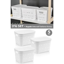 Meleni Home 3'lü Kapaklı Delikli Dekoratif Piramit Saklama Kutusu - Dolap Düzenleyici Organizer Kutu 5 Lt Beyaz